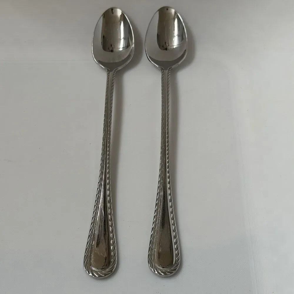 2pc Oneida Belmont-Lyons Iced Tea Spoons 7 1/2” Stainless Glossy Rope Edge China